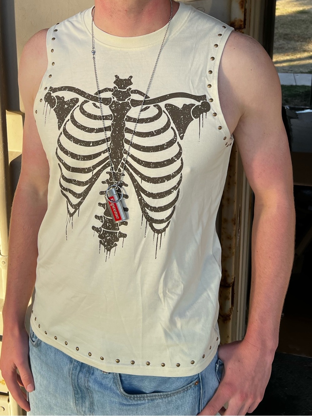 RIBS MEN Sleeveless Bone Graphic Tank Top SHIRT BUTTERFLY METAL STUDS COPPER